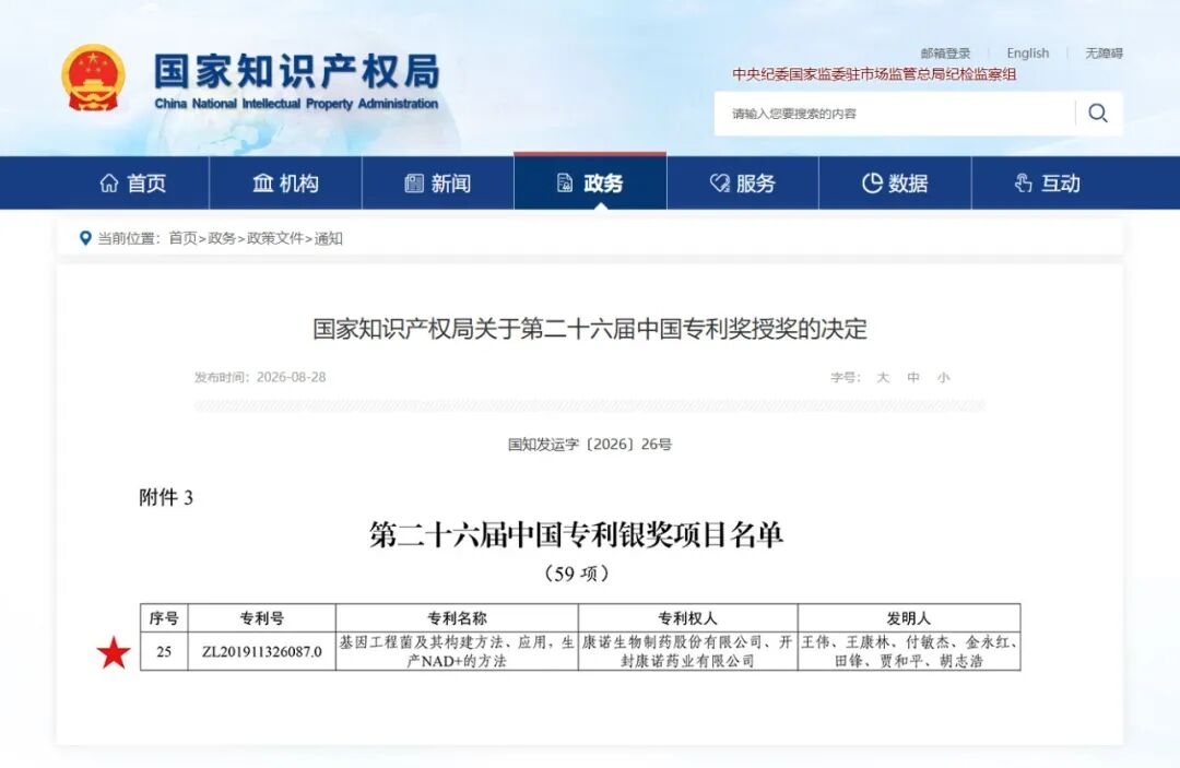 康诺生物荣获第二十六届中国专利银奖
